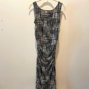 Norma Kamali Body Con Ruched Black White Sleeveless Midi Sheath Dress